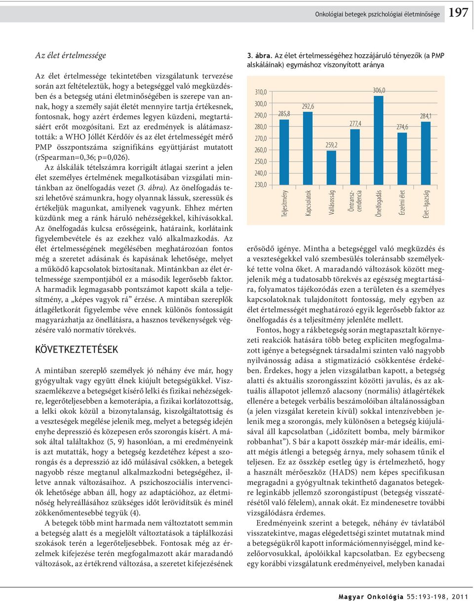 Ezt az eredmények is alátámasztották: a WHO Jóllét Kérdőív és az élet értelmességét mérő PMP összpontszáma szignifikáns együttjárást mutatott (rspearman=0,36; p=0,026).