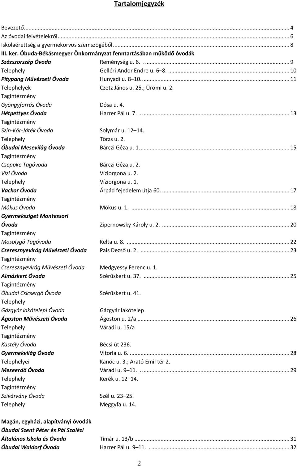 ... 11 Telephelyek Czetz János u. 25.; Ürömi u. 2. Tagintézmény Gyöngyforrás Óvoda Dósa u. 4. Hétpettyes Óvoda Harrer Pál u. 7..... 13 Tagintézmény Szín-Kör-Játék Óvoda Solymár u. 12 14.