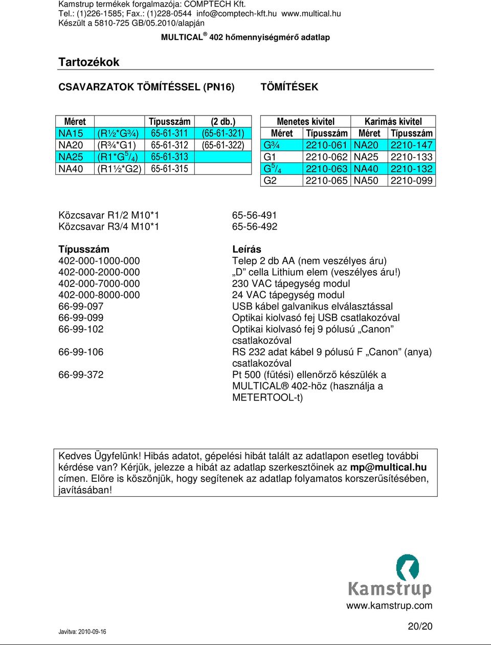 2210-062 NA25 2210-133 NA40 (R1½*G2) 65-61-315 G 5 / 4 2210-063 NA40 2210-132 G2 2210-065 NA50 2210-099 Közcsavar R1/2 M10*1 65-56-491 Közcsavar R3/4 M10*1 65-56-492 Típusszám Leírás 402-000-1000-000