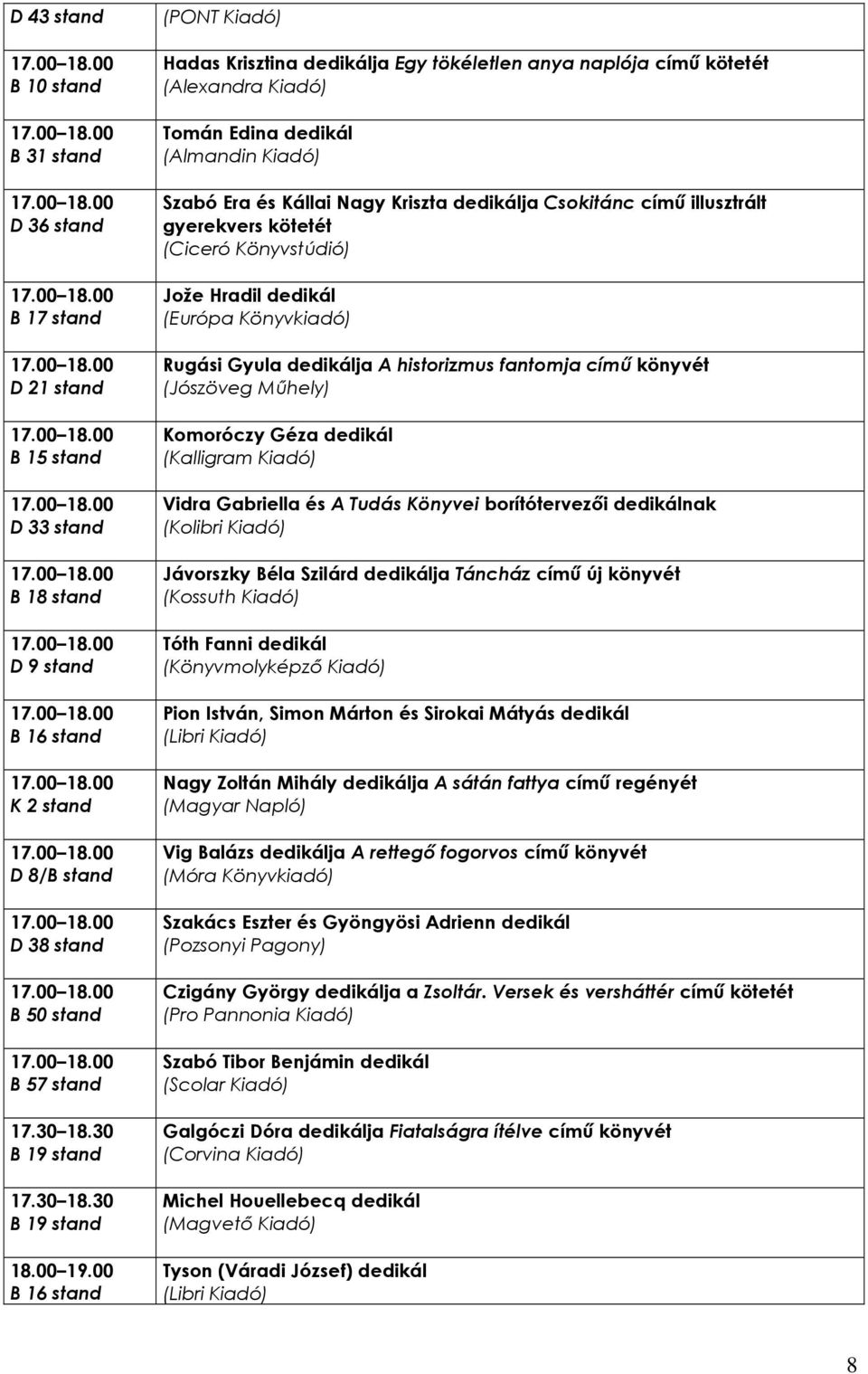 gyerekvers kötetét (Ciceró Könyvstúdió) Jože Hradil dedikál Rugási Gyula dedikálja A historizmus fantomja címő könyvét (Jószöveg Mőhely) Komoróczy Géza dedikál Vidra Gabriella és A Tudás Könyvei