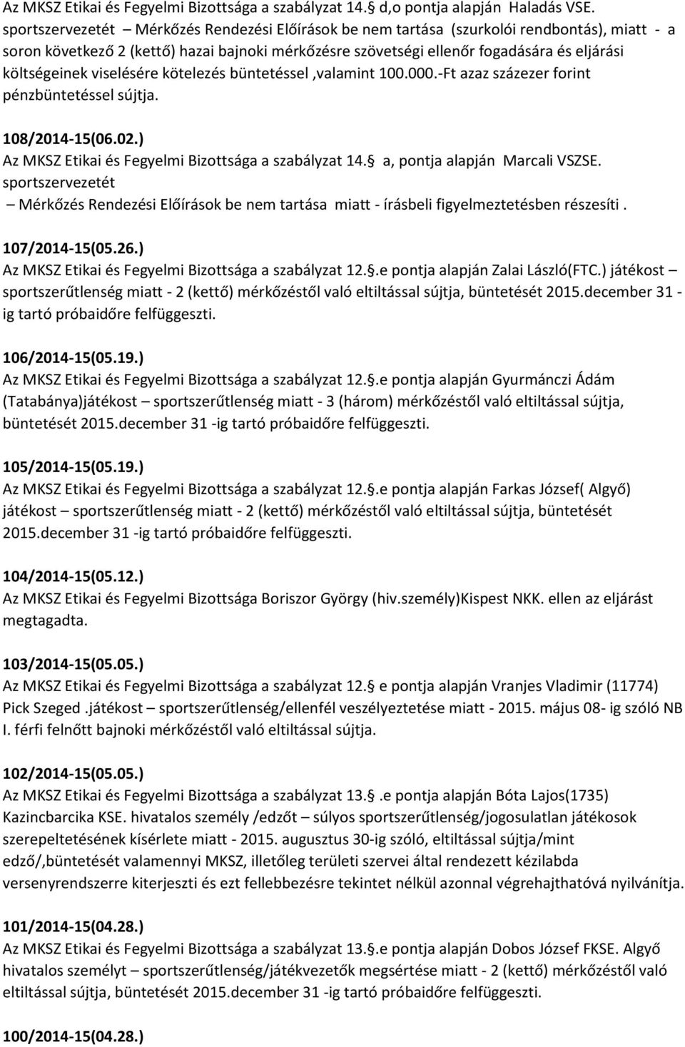 költségeinek viselésére kötelezés büntetéssel,valamint 100.000.-Ft azaz százezer forint pénzbüntetéssel sújtja. 108/2014-15(06.02.) Az MKSZ Etikai és Fegyelmi Bizottsága a szabályzat 14.