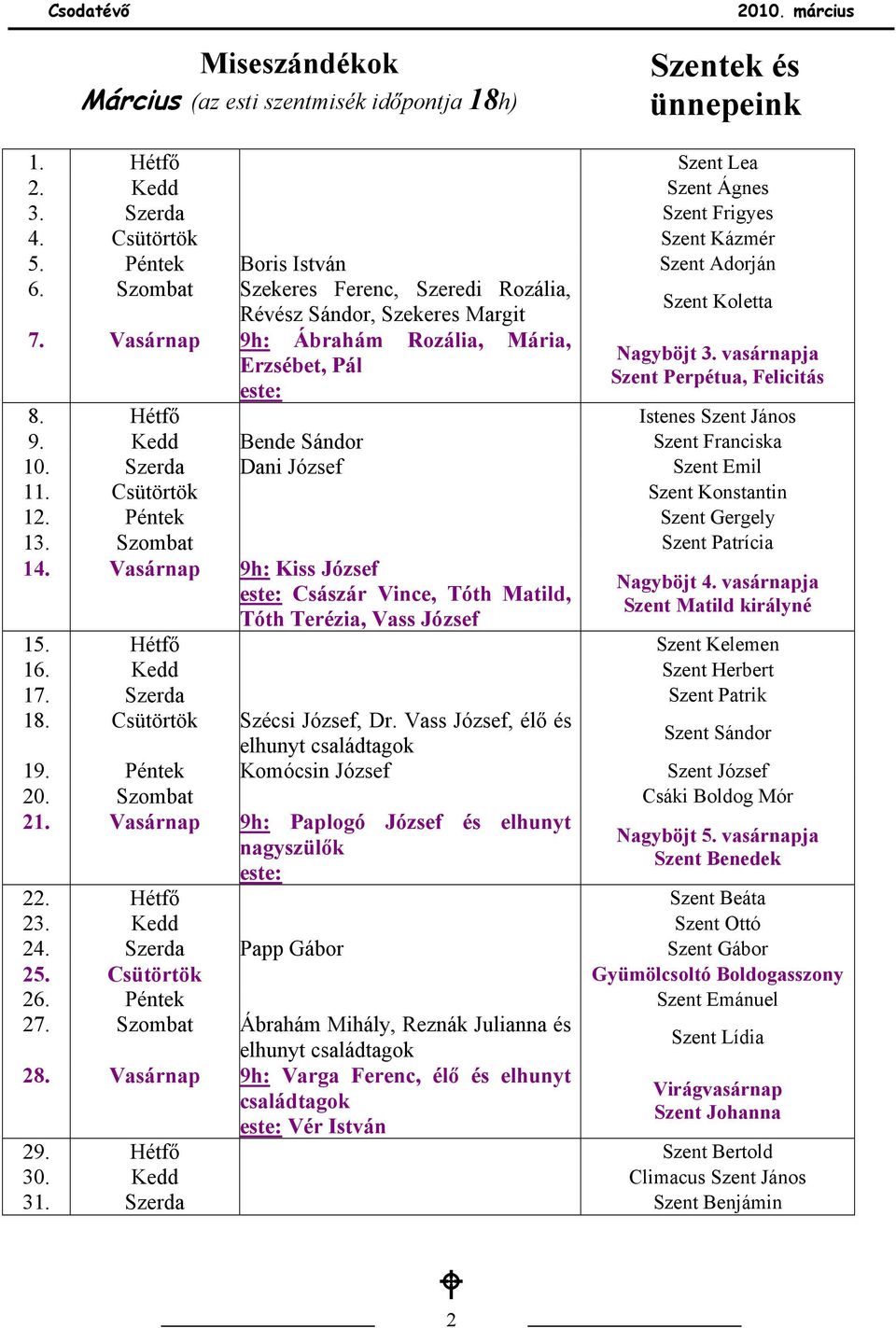 vasárnapja Szent Perpétua, Felicitás 8. Hétfő Istenes Szent János 9. Kedd Bende Sándor Szent Franciska 10. Szerda Dani József Szent Emil 11. Csütörtök Szent Konstantin 12. Péntek Szent Gergely 13.