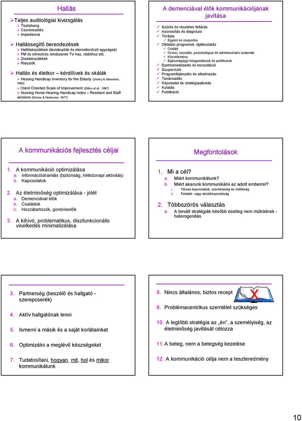 Zsebkészülékek Riasztók Hallás és életkor kérdőívek és skálák Hearing Handicap Inventory for the Elderly (Ventry & Weinstein, 1982) Client Oriented Scale of Improvement (Dillon et al.