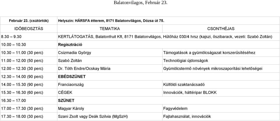 30 KERTLÁTOGATÁS, Balatonfruit Kft, 8171 Balatonvilágos, Hűtőház 030/4 hrsz (kajszi, őszibarack, vezeti: Szabó Zoltán) 10.30 11.