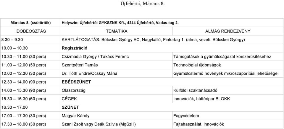 30 11.00 (30 perc) Csizmadia György / Takács Ferenc Támogatások a gyümölcságazat korszerűsítéséhez 11.00 12.