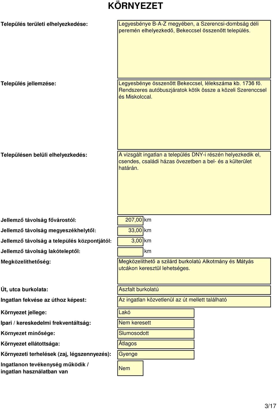 Településen belüli elhelyezkedés: A vizsgált ingatlan a település DNY-i részén helyezkedik el, csendes, családi házas övezetben a bel- és a külterület határán.