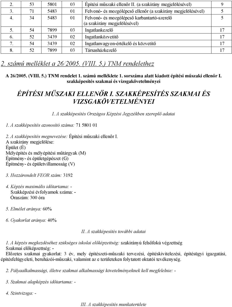 54 3439 02 Ingatlanvagyon-értékelı és közvetítı 17 8. 52 7899 03 Társasházkezelı 17 2. számú melléklet a 26/2005. (VIII. 5.) TNM rendelethez A 26/2005. (VIII. 5.) TNM rendelet 1. számú melléklete 1.