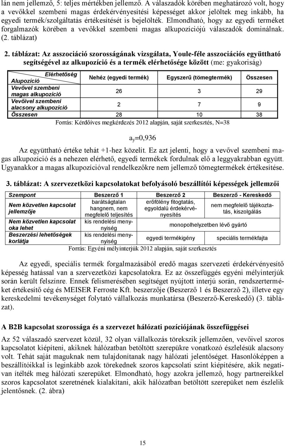 Elmondható, hogy az egyedi terméket forgalmazók körében a vevőkkel szembeni magas alkupozíciójú válaszadók dominálnak. (2. táblázat) 2.