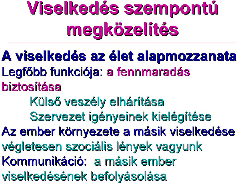 Szervezet igényeinek kielégítése Az ember környezete a másik viselkedése