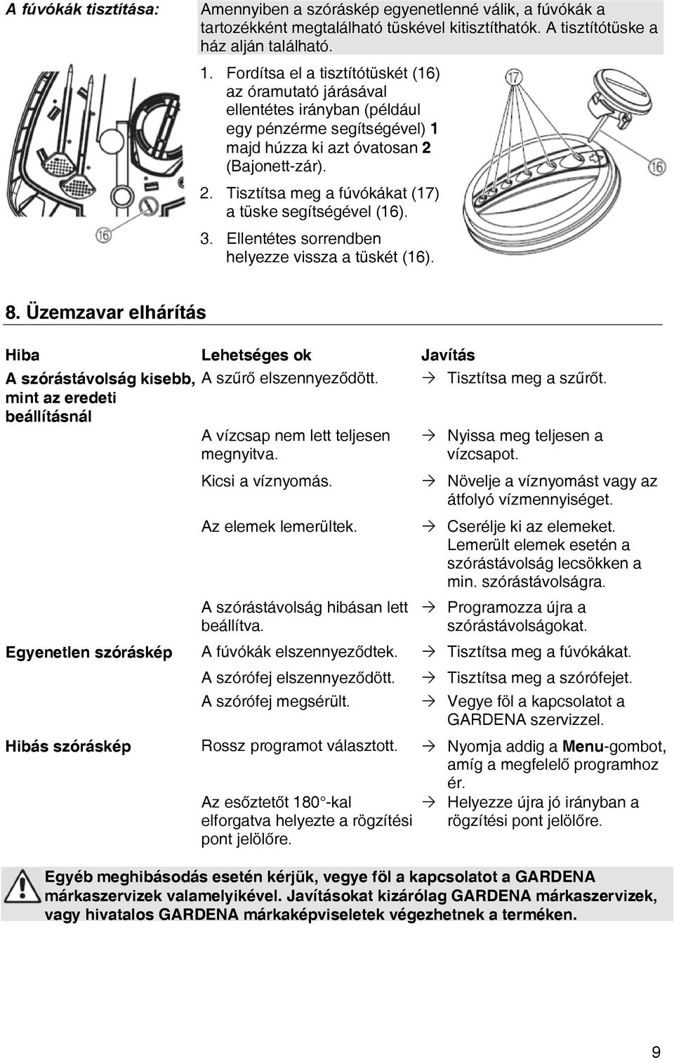 (Bajonett-zár). 2. Tisztítsa meg a fúvókákat (17) a tüske segítségével (16). 3. Ellentétes sorrendben helyezze vissza a tüskét (16). 8.