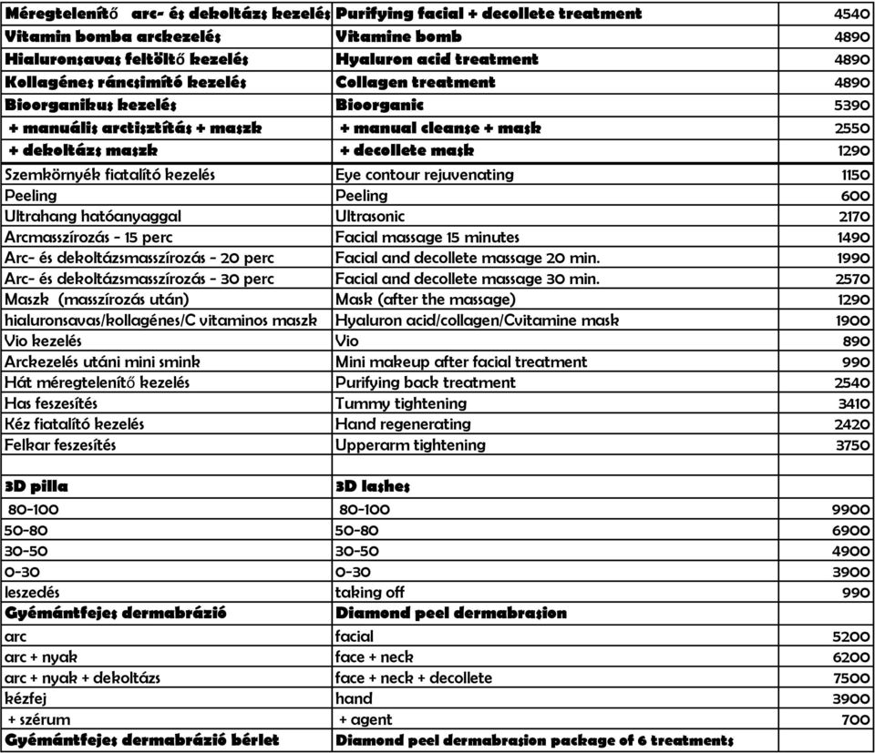 fiatalító kezelés Eye contour rejuvenating 1150 Peeling Peeling 600 Ultrahang hatóanyaggal Ultrasonic 2170 Arcmasszírozás - 15 perc Facial massage 15 minutes 1490 Arc- és dekoltázsmasszírozás - 20