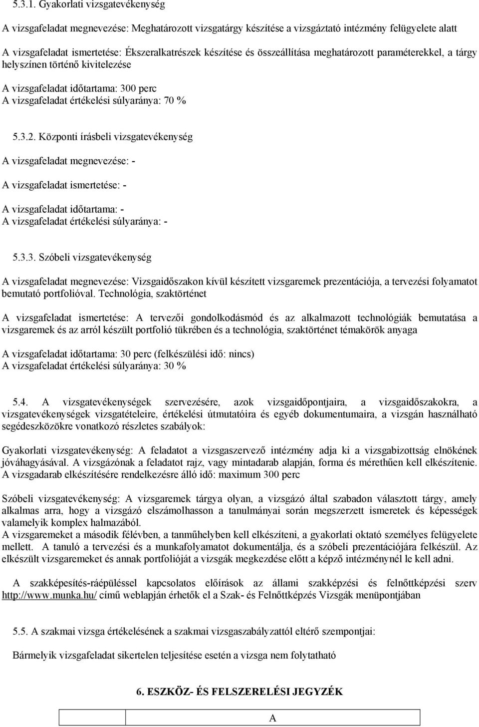 összeállítása meghatározott paraméterekkel, a tárgy helyszínen történő kivitelezése A vizsgafeladat időtartama: 300 perc A vizsgafeladat értékelési súlyaránya: 70 % 5.3.2.