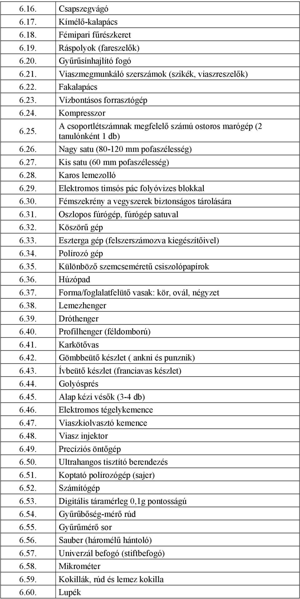 Kis satu (60 mm pofaszélesség) 6.28. Karos lemezolló 6.29. Elektromos timsós pác folyóvizes blokkal 6.30. Fémszekrény a vegyszerek biztonságos tárolására 6.31. Oszlopos fúrógép, fúrógép satuval 6.32.