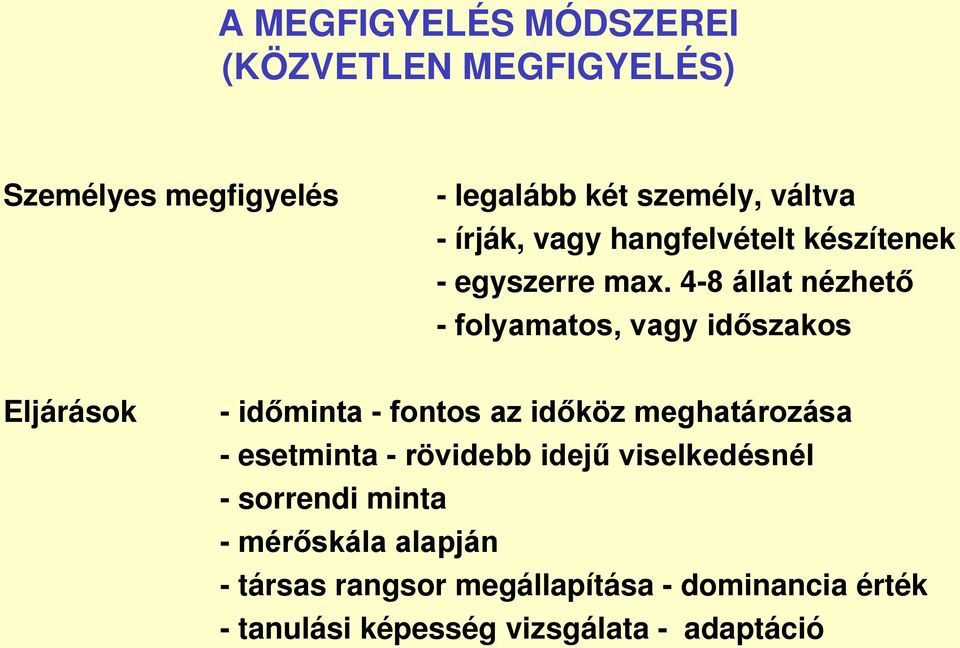 4-8 állat nézhető - folyamatos, vagy időszakos Eljárások - időminta - fontos az időköz meghatározása -