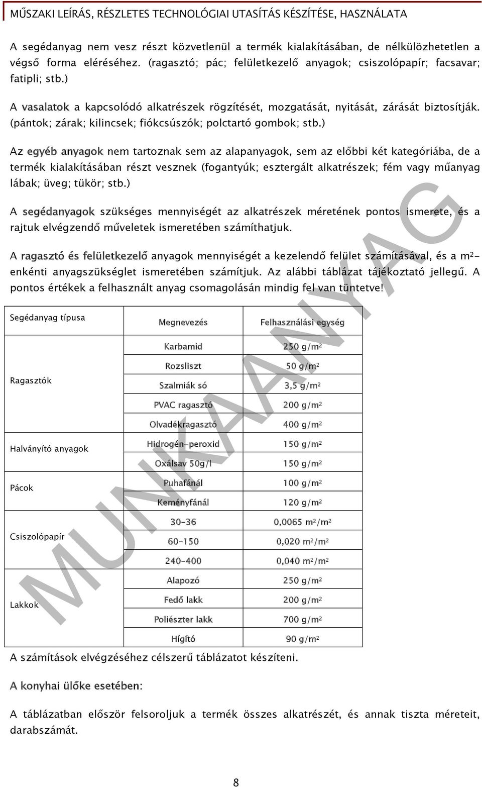 ) Az egyéb anyagok nem tartoznak sem az alapanyagok, sem az előbbi két kategóriába, de a termék kialakításában részt vesznek (fogantyúk; esztergált alkatrészek; fém vagy műanyag lábak; üveg; tükör;