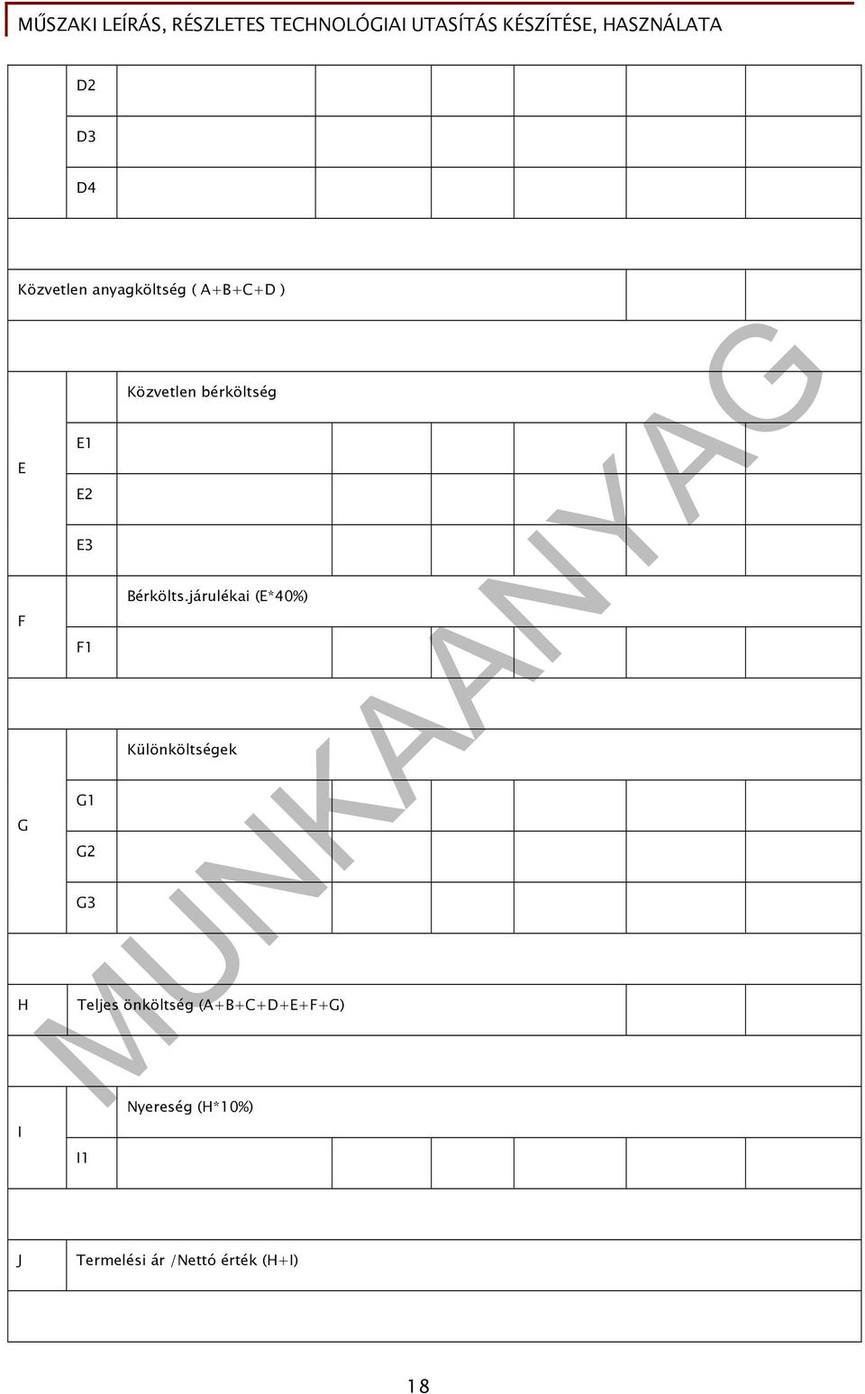 járulékai (E*40%) F F1 G H G1 G2 G3 I I1 Különköltségek