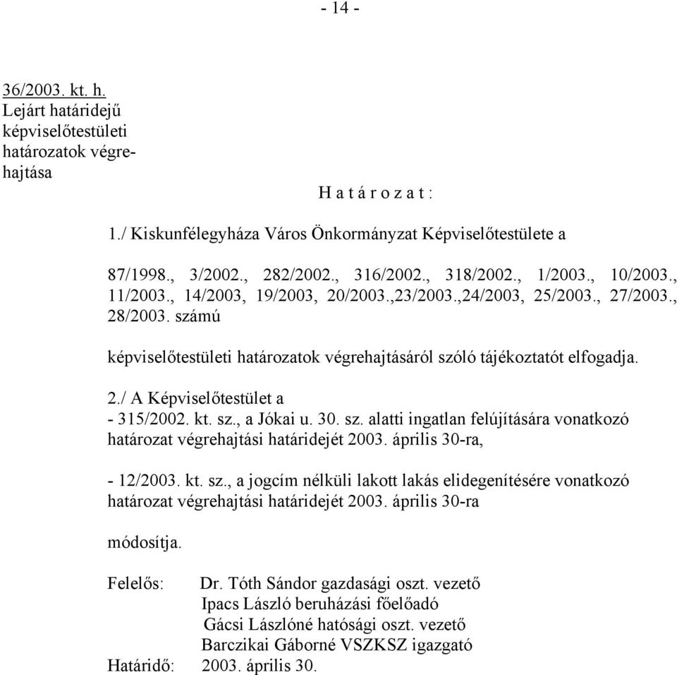 számú képviselőtestületi határozatok végrehajtásáról szóló tájékoztatót elfogadja. 2./ A Képviselőtestület a - 315/2002. kt. sz., a Jókai u. 30. sz. alatti ingatlan felújítására vonatkozó határozat végrehajtási határidejét 2003.