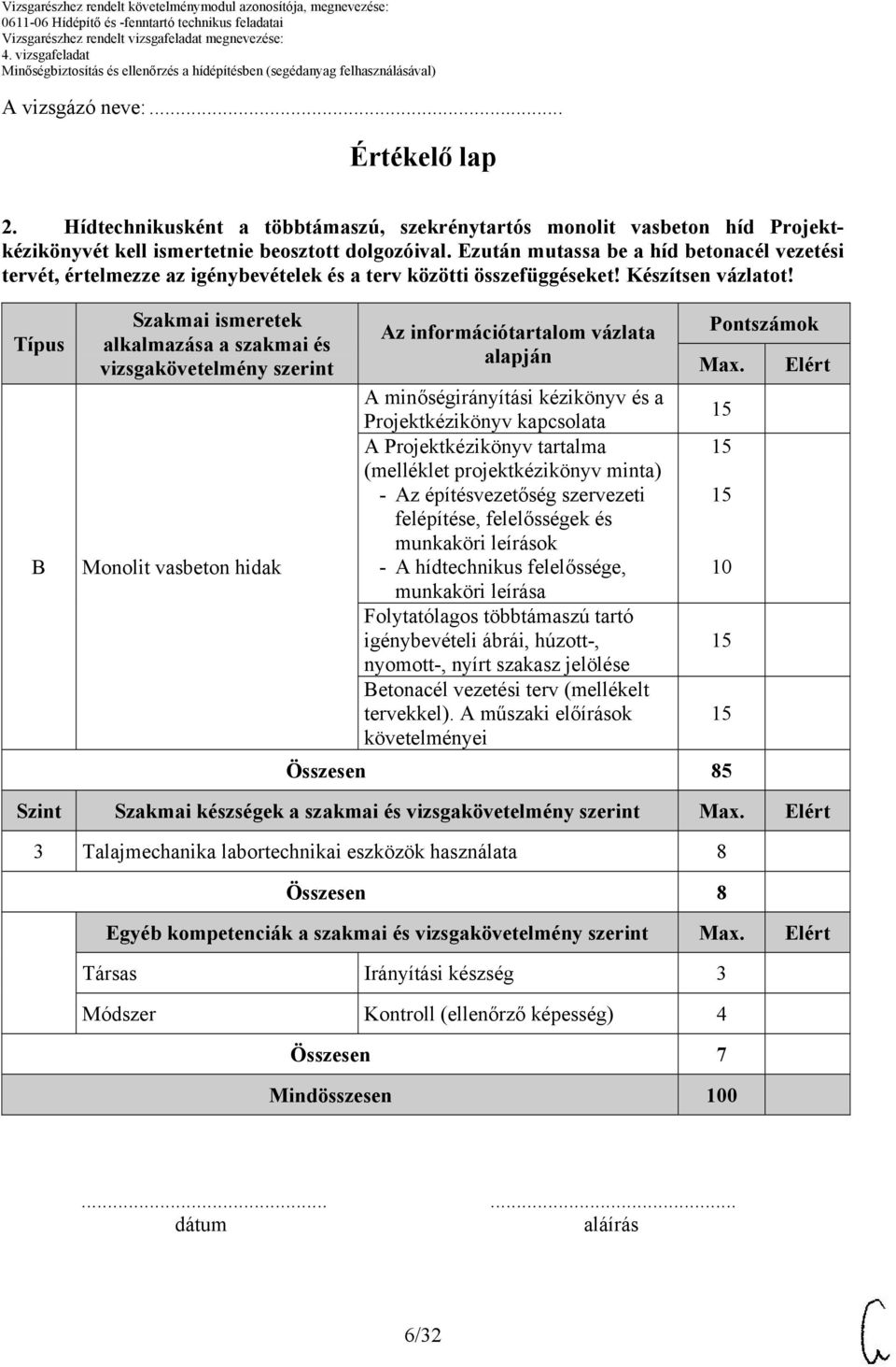 Típus B Szakmai ismeretek alkalmazása a szakmai és vizsgakövetelmény szerint Az információtartalom vázlata alapján Max.