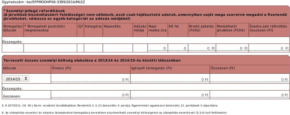 hó munka óra Bruttó juttatás (Ft/hó) Munkáltatói járulékok (Ft/hó) Évadra jutó ráfordítás összesen (Ft) 0 0 0 Ft 0 Ft 0 Ft Tervezett összes személyi költség alakulása a 2013/14 és -ös közötti