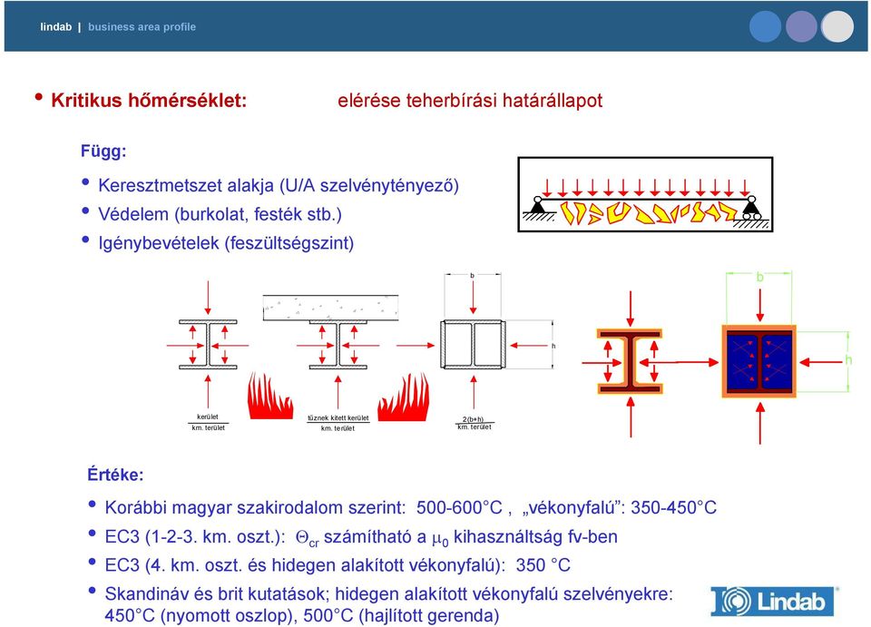 terület Értéke: Korábbi magyar szakirodalom szerint: 500-600 C, vékonyfalú : 350-450 C EC3 (1-2-3. km. oszt.