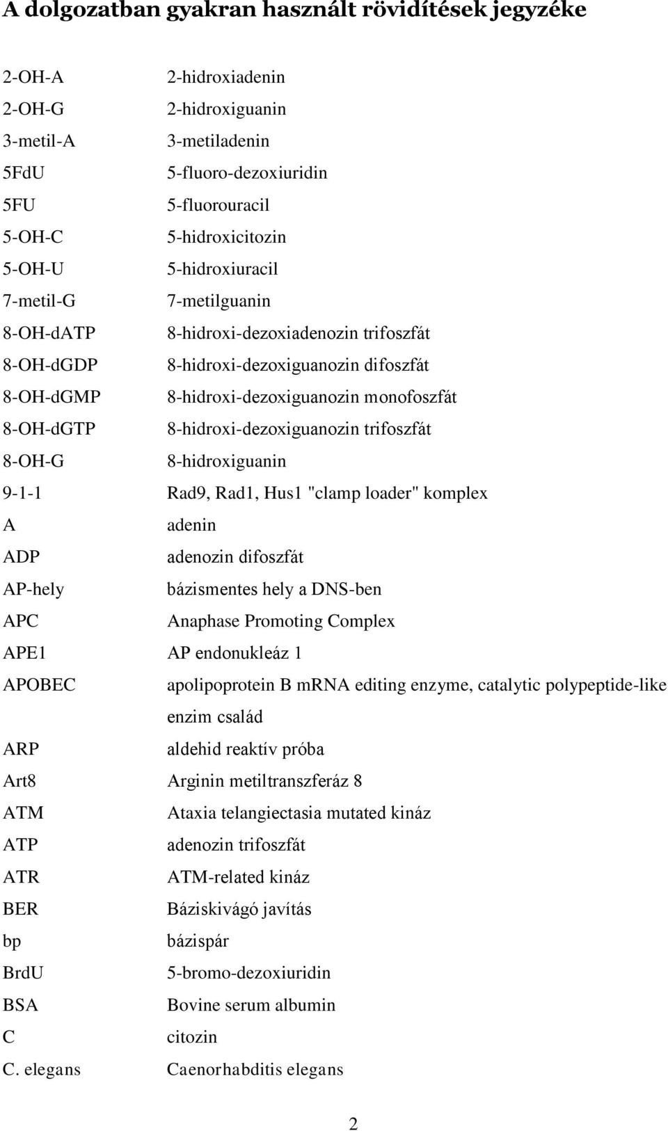 8-hidroxi-dezoxiguanozin trifoszfát 8-OH-G 8-hidroxiguanin 9-1-1 Rad9, Rad1, Hus1 "clamp loader" komplex A adenin ADP adenozin difoszfát AP-hely bázismentes hely a DNS-ben APC Anaphase Promoting