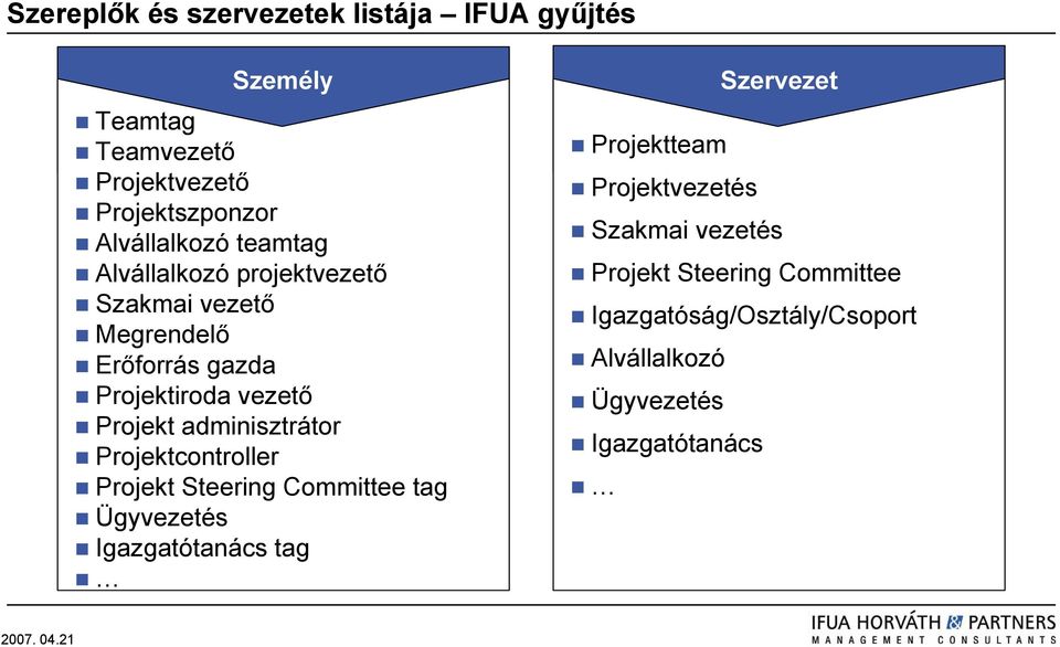 adminisztrátor Projektcontroller Projekt Steering Committee tag Ügyvezetés Igazgatótanács tag Szervezet Projektteam