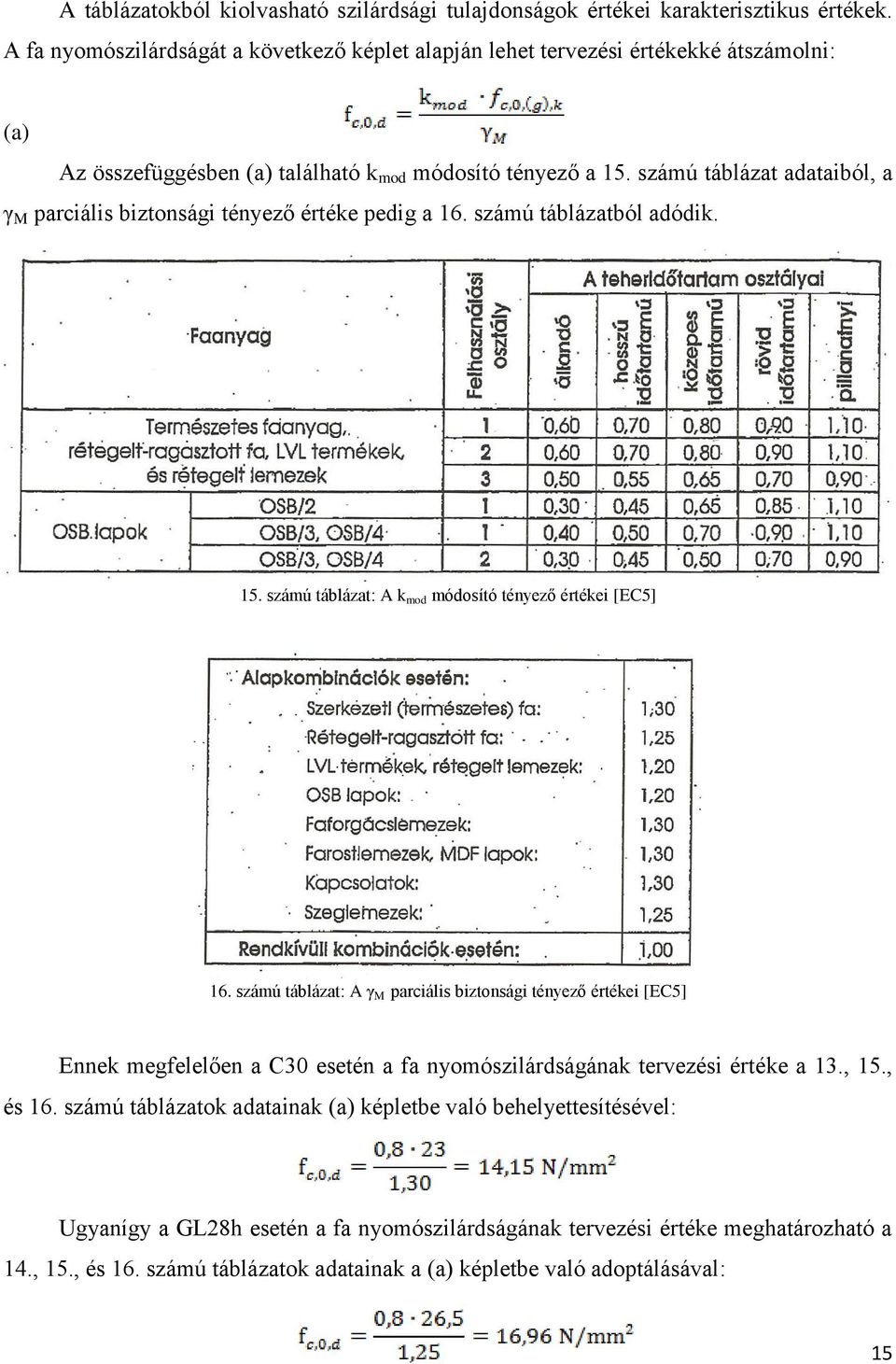 számú táblázat adataiból, a γ M parciális biztonsági tényező értéke pedig a 16. számú táblázatból adódik. 15. számú táblázat: A k mod módosító tényező értékei [EC5] 16.