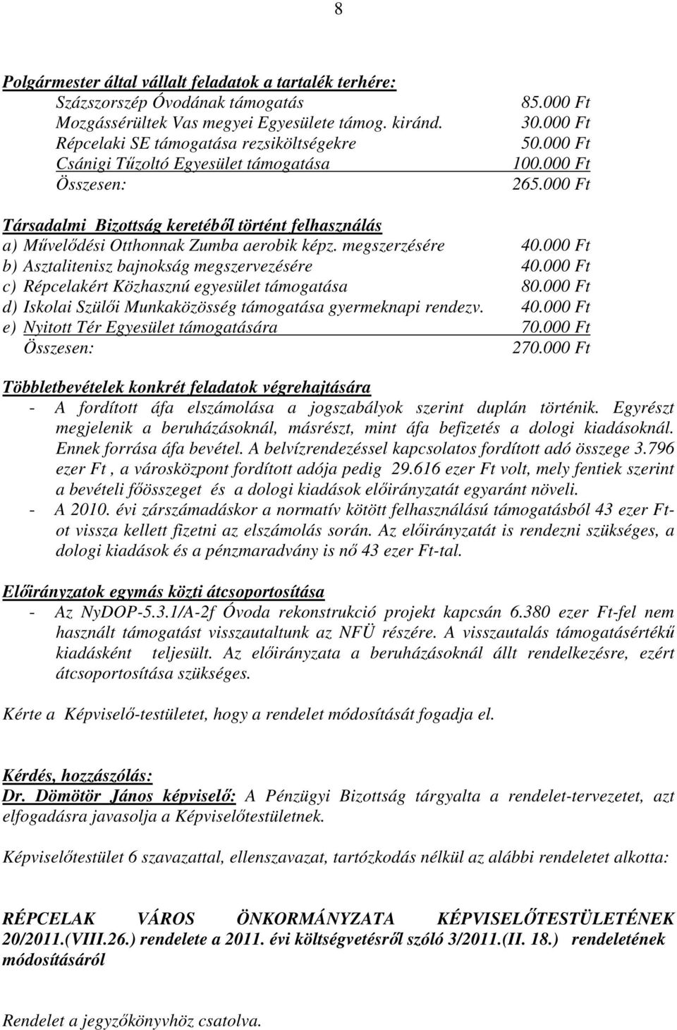 000 Ft Társadalmi Bizottság keretéből történt felhasználás a) Művelődési Otthonnak Zumba aerobik képz. megszerzésére 40.000 Ft b) Asztalitenisz bajnokság megszervezésére 40.