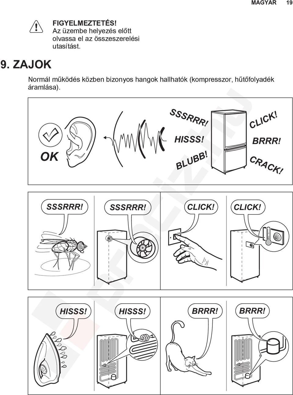 Normál működés közben bizonyos hangok hallhatók (kompresszor,