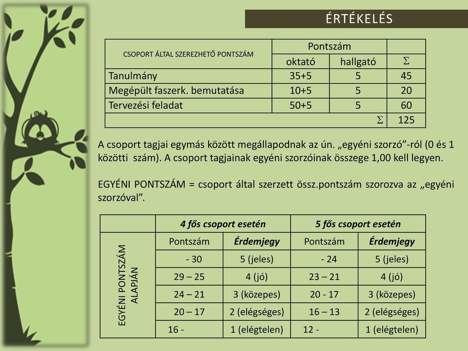 A csoport tagjainak egyéni szorzóinak összege 1,00 kell legyen. EGYÉNI PONTSZÁM = csoport által szerzett össz.pontszám szorozva az egyéni szorzóval.