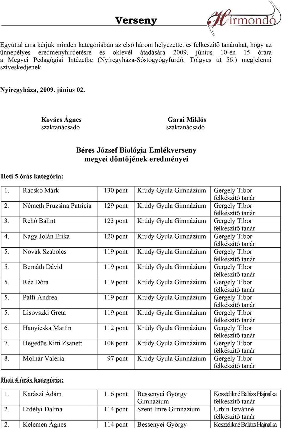 Kovács Ágnes Garai Miklós szaktanácsadó szaktanácsadó Heti 5 órás kategória: Béres József Biológia Emlékverseny megyei döntőjének eredményei 1. Racskó Márk 130 pont Krúdy Gyula Gergely Tibor 2.