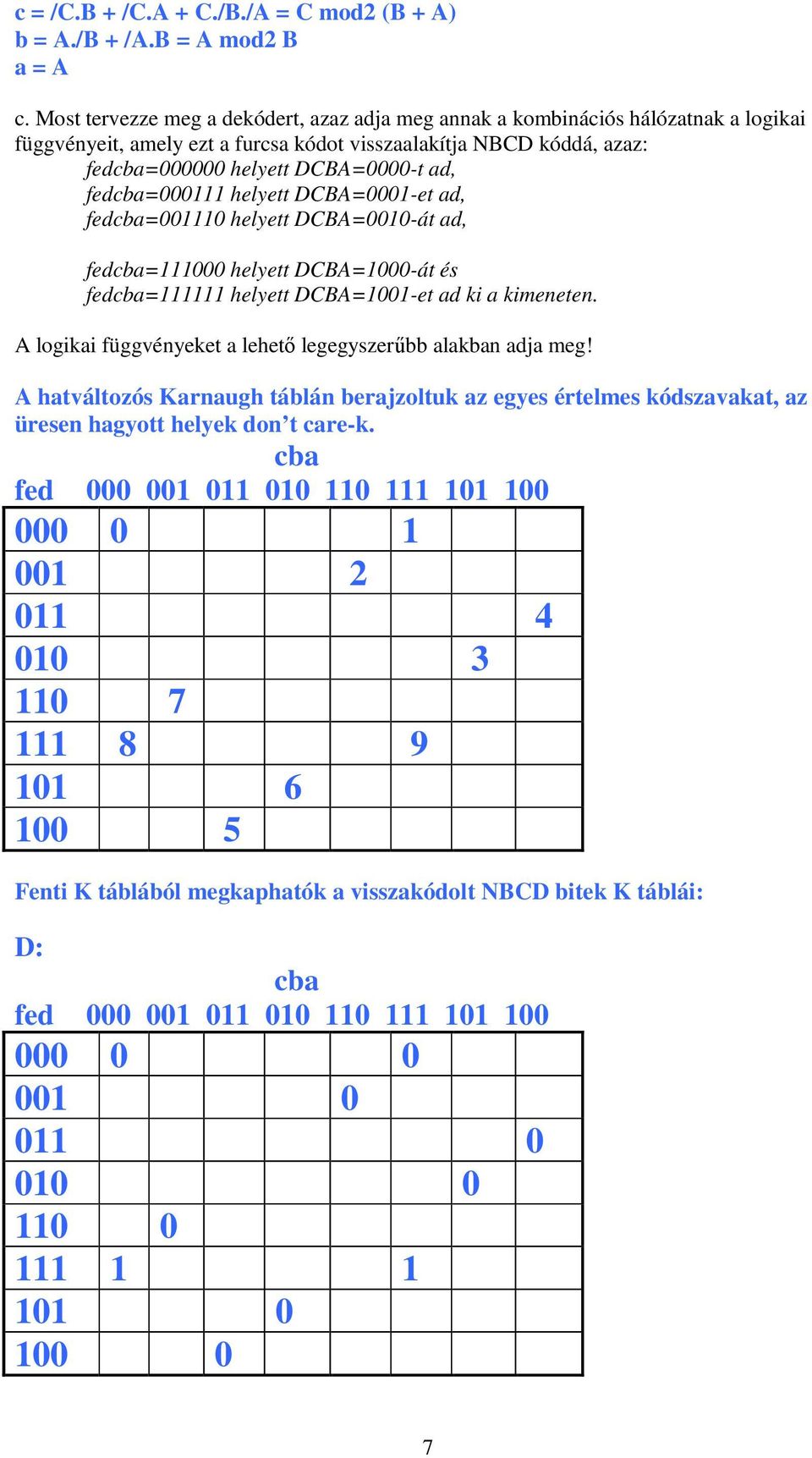 fedcba=000111 helyett DCBA=0001-et ad, fedcba=001110 helyett DCBA=0010-át ad, fedcba=111000 helyett DCBA=1000-át és fedcba=111111 helyett DCBA=1001-et ad ki a kimeneten.