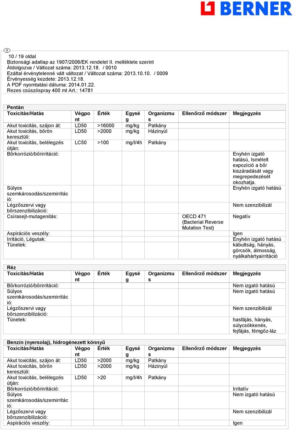 Reverse Mutation Test) Aspirációs veszély: Irritáció, Léutak: Tünetek: Enyhén izató hatású, Ismételt expozíció a bőr kiszáradását vay merepedezését okozhatja.