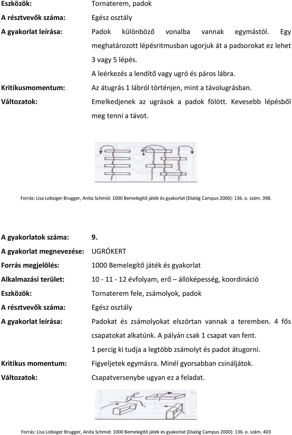 Emelkedjenek az ugrások a padok fölött. Kevesebb lépésből meg tenni a távot. Forrás: Lisa Lobsiger Brugger, Anita Schmid: 1000 Bemelegítő játék és gyakorlat (Dialóg Campus 2000): 136. o. szám. 398.