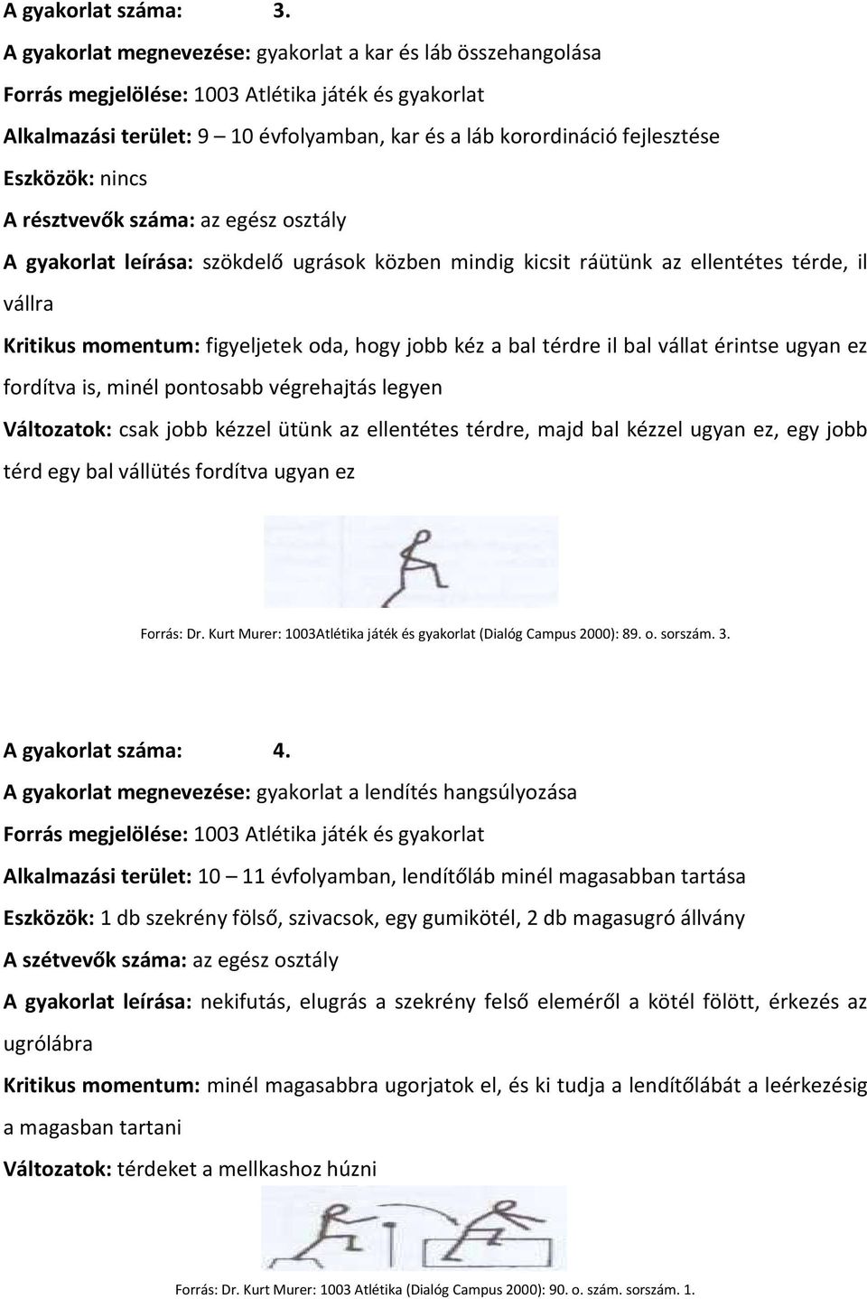 Eszközök: nincs A résztvevők száma: az egész osztály A gyakorlat leírása: szökdelő ugrások közben mindig kicsit ráütünk az ellentétes térde, il vállra Kritikus momentum: figyeljetek oda, hogy jobb