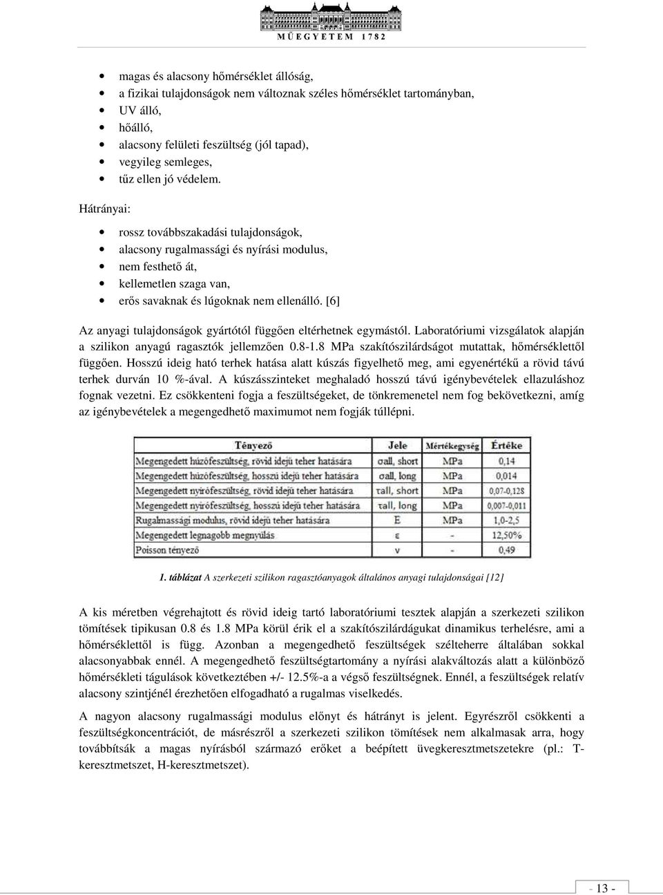 [6] Az anyagi tulajdonságok gyártótól üggőn ltérhtnk gymástól. Laboratóriumi vizsgálatok alapján a szilikon anyagú ragasztók jllmzőn 0.8-1.8 MPa szakítószilárdságot mutattak, hőmérséklttől üggőn.