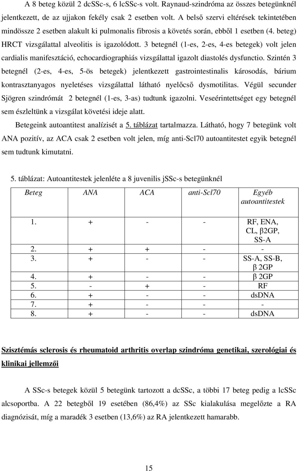 3 betegnél (1-es, 2-es, 4-es betegek) volt jelen cardialis manifesztáció, echocardiographiás vizsgálattal igazolt diastolés dysfunctio.