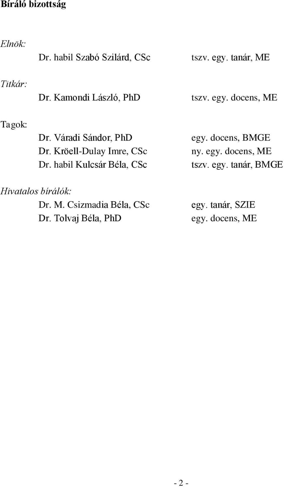 Kröell-Dulay Imre, CSc Dr. habil Kulcsár Béla, CSc egy. docens, BMGE ny. egy. docens, ME tszv.