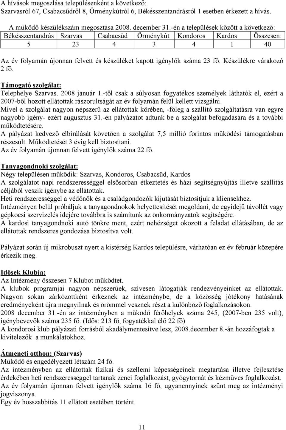 Készülékre várakozó 2 fő. Támogató szolgálat: Telephelye Szarvas. 2008 január 1.