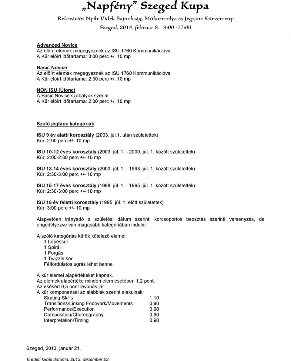 10 mp NON ISU (Újonc) A Basic Novice szabályok szerint A Kűr előírt időtartama: 2:30 perc +/. 10 mp Szóló jégtánc kategóriák ISU 9 év alatti korosztály (2003. júl.1. után születettek) Kűr: 2:00 perc +/- 10 mp ISU 10-12 éves korosztály (2003.