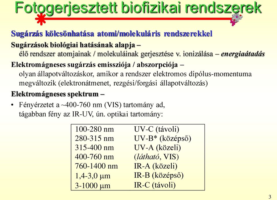 (elektronátmenet, rezgési/forgási állapotváltozás) Elektromágneses spektrum Fényérzetet a ~400-760 nm (VIS) tartomány ad, tágabban fény az IR-UV, ún.