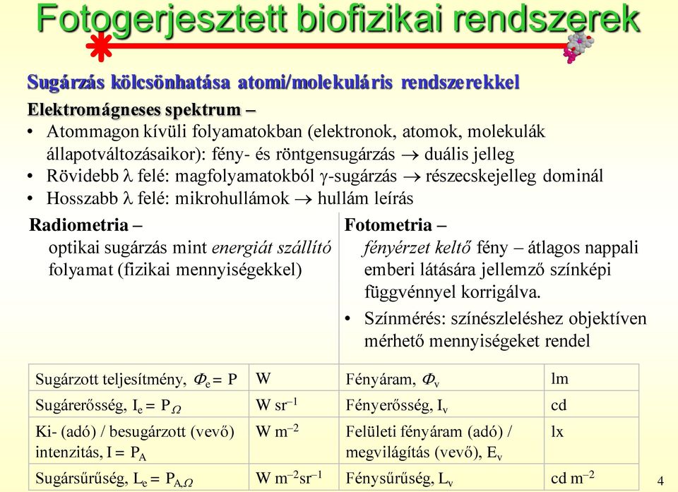 mennyiségekkel) Fotometria fényérzet keltő fény átlagos nappali emberi látására jellemző színképi függvénnyel korrigálva.