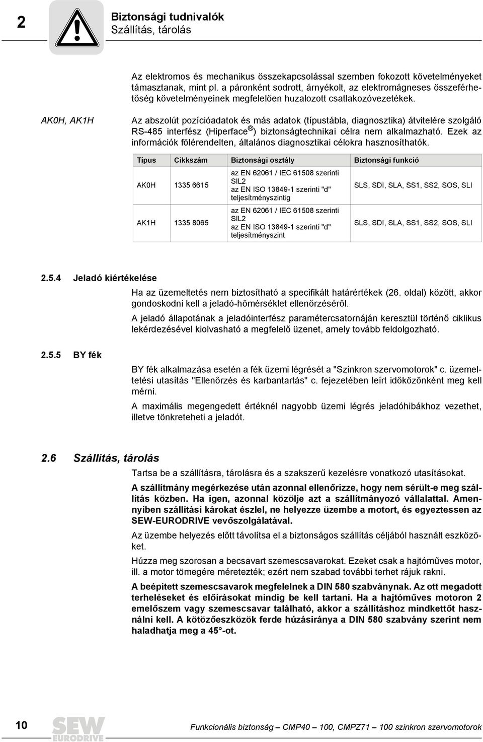 AK0H, AK1H Az abszolút pozícióadatok és más adatok (típustábla, diagnosztika) átvitelére szolgáló RS-485 interfész (Hiperface ) biztonságtechnikai célra nem alkalmazható.