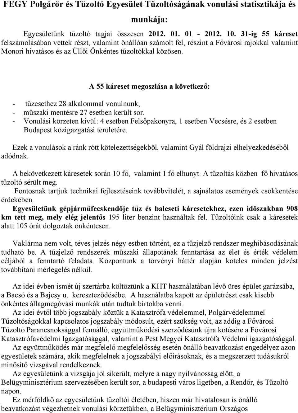 A 55 káreset megoszlása a következő: - tűzesethez 28 alkalommal vonulnunk, - műszaki mentésre 27 esetben került sor.