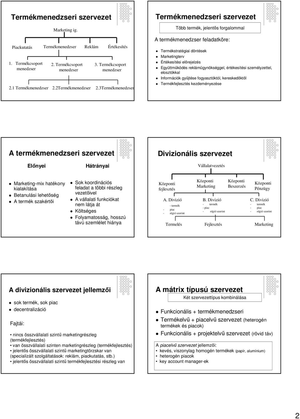 elosztókkal Információk gyűjtése fogyasztóktól, kereskedőktől Termékfejlesztés kezdeményezése A terméki szervezet Divizionális szervezet Előnyei Hátrányai Vállalatvezetés -mix hatékony kialakítása