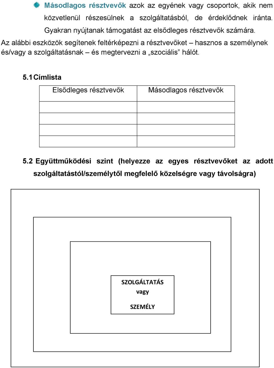 Az alábbi eszközök segítenek feltérképezni a résztvevőket hasznos a személynek és/vagy a szolgáltatásnak és megtervezni a szociális