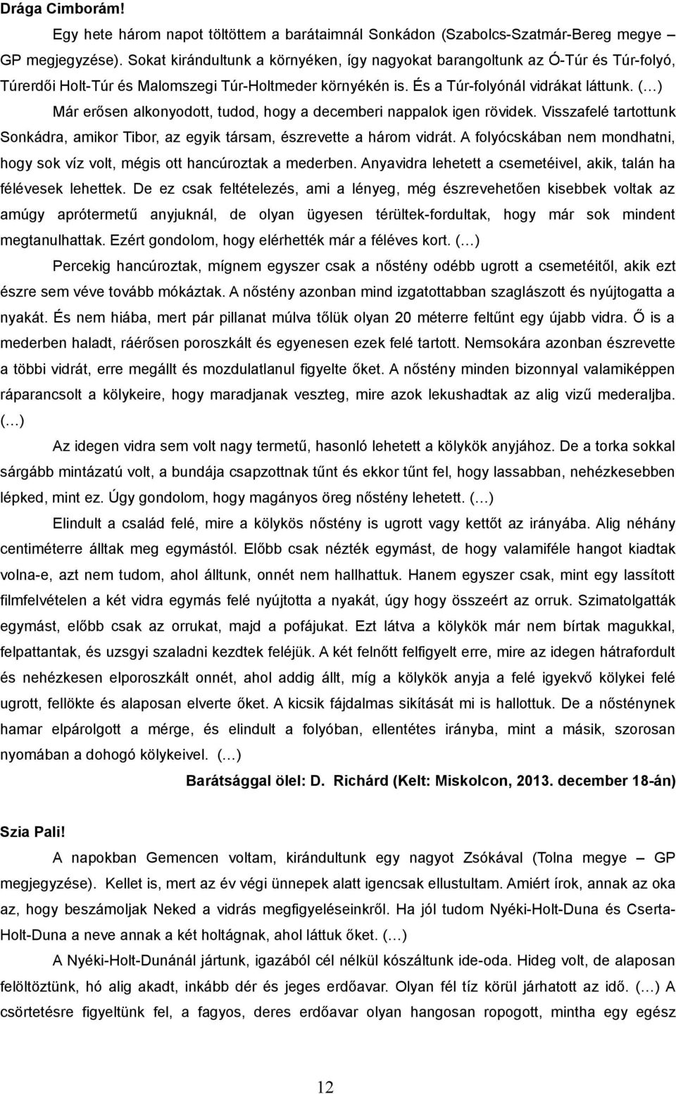 ( ) Már erősen alkonyodott, tudod, hogy a decemberi nappalok igen rövidek. Visszafelé tartottunk Sonkádra, amikor Tibor, az egyik társam, észrevette a három vidrát.