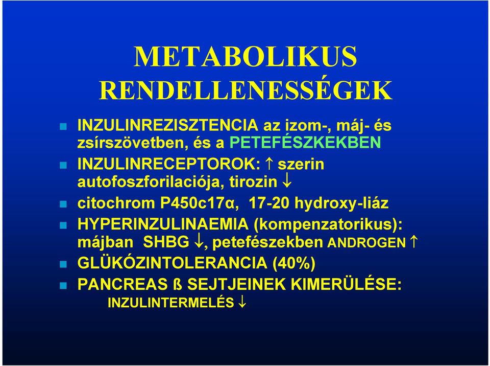 P450c17α, 17-20 hydroxy-liáz HYPERINZULINAEMIA (kompenzatorikus): májban SHBG,