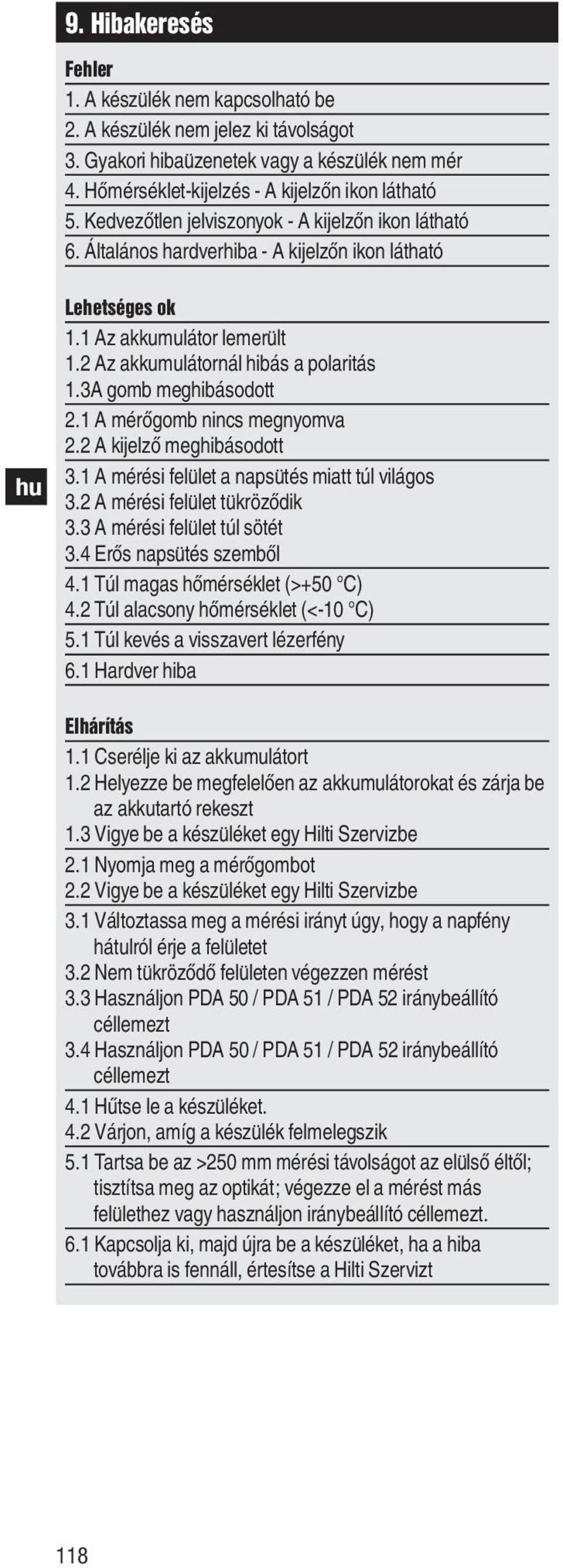 3A gomb meghibásodott 2.1 A mérőgomb nincs megnyomva 2.2 A kijelző meghibásodott 3.1 A mérési felu let a napsuẗés miatt túl világos 3.2 A mérési felu let tu kröződik 3.3 A mérési felu let túl sötét 3.