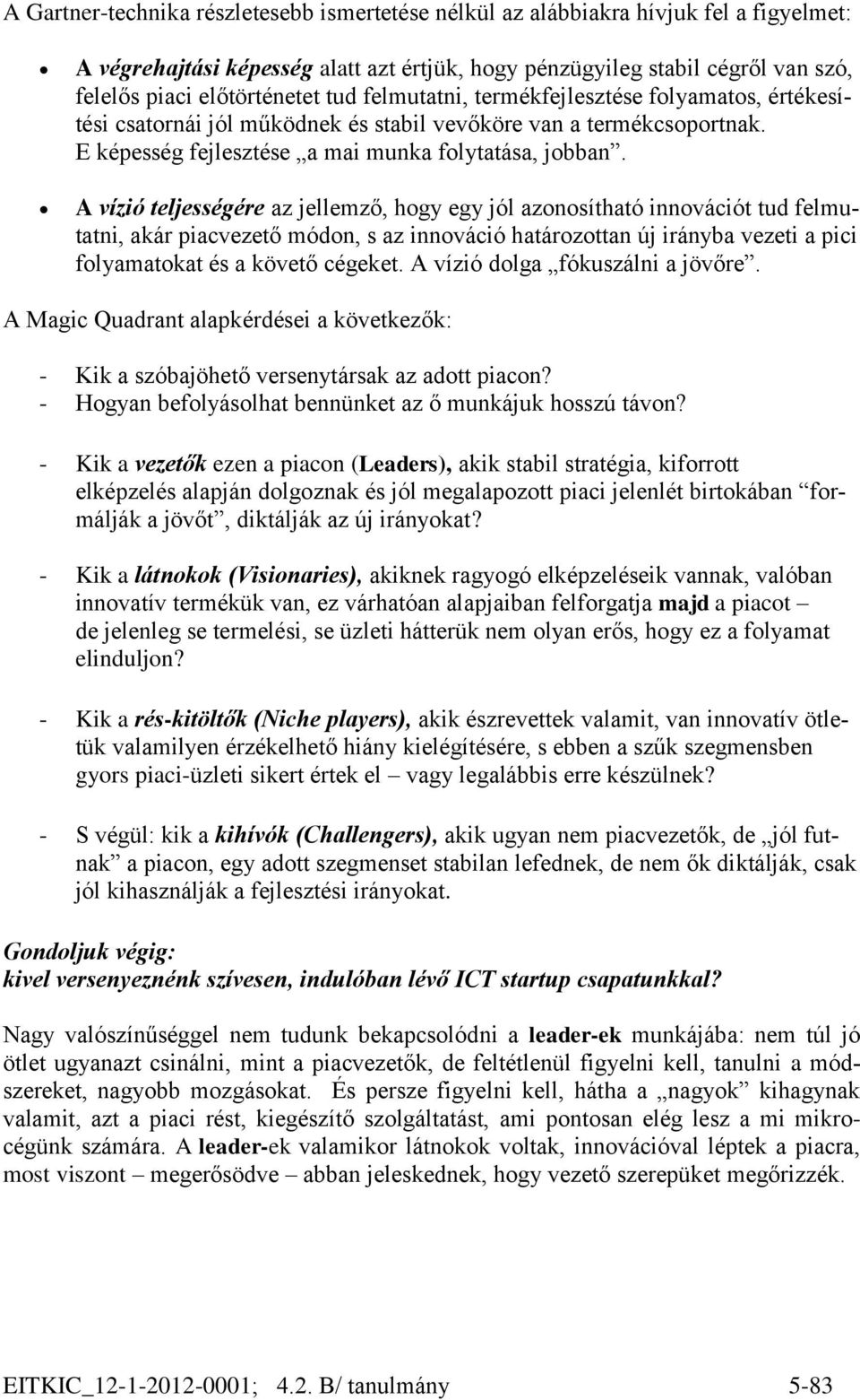 A vízió teljességére az jellemző, hogy egy jól azonosítható innovációt tud felmutatni, akár piacvezető módon, s az innováció határozottan új irányba vezeti a pici folyamatokat és a követő cégeket.